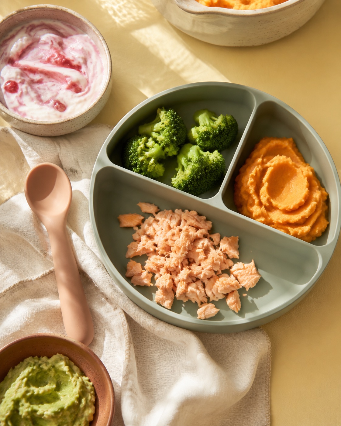 A sage-green toddler plate with salmon, mashed sweet potato and broccoli, beside yogurt and avocado